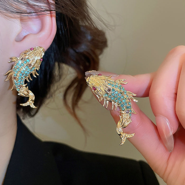 Alloy Rhinestone Koi Stud Earrings, New Chinese Style Vintage Light Luxury Jewelry