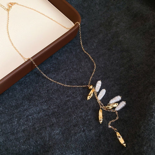 French Vintage Irregular Faux Pearl Geometric Tassel Sweater Necklace For Women, Maillard Style
