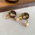 Ethnic Vintage Round Coconut Shell Wood Bead Stud Earrings With Silver Needle Geometric Design view 4
