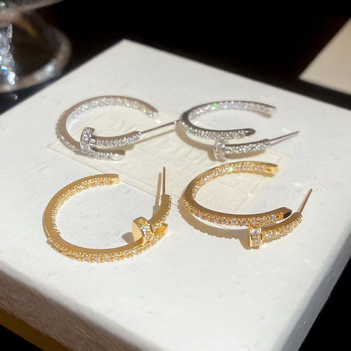 Light Luxury Gold Plated Copper Zircon C Shape Hoop Earrings With Silver Posts For Women