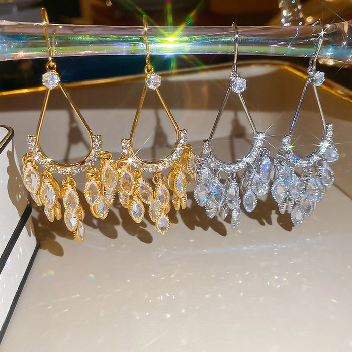 Gold Plated Copper Zircon Teardrop Tassel Hook Earrings French Vintage Light Luxury