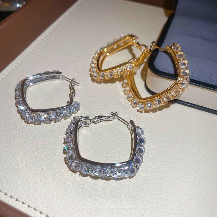 Gold Plated Copper Zircon Square Hoop Earrings Minimalist Light Luxury Daily Wear Jewelry