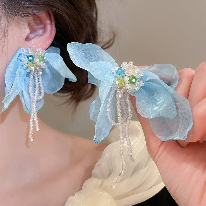 Artificial Crystal Beaded Chiffon Flower Tassel Drop Earrings With Silver Pins For Women