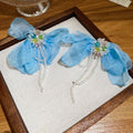 Artificial Crystal Beaded Chiffon Flower Tassel Drop Earrings With Silver Pins For Women view 2