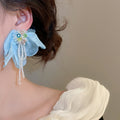 Artificial Crystal Beaded Chiffon Flower Tassel Drop Earrings With Silver Pins For Women view 3