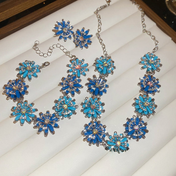 Rhinestone Flower Alloy Necklace Earrings Bracelet Jewelry Set For Women Light Luxury Style