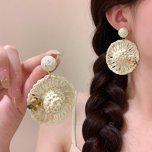 Raffia Woven Straw Hat Stud Earrings For Women Bohemian Round Geometric Light Luxury Style