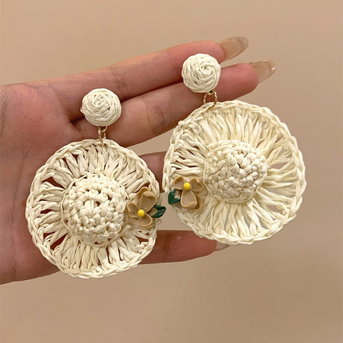 Raffia Woven Straw Hat Stud Earrings For Women Bohemian Round Geometric Light Luxury Style