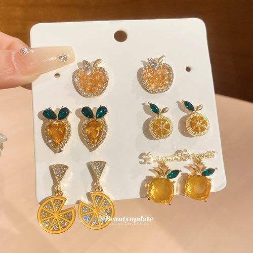 Light Luxury Alloy Apple Bow Stud Earrings Jewelry Set With Rhinestone Silver Posts