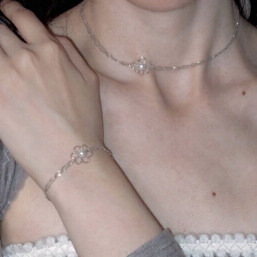 Minimalist Hollow Flower Faux Pearl Necklace Bracelet Jewelry Set For Women