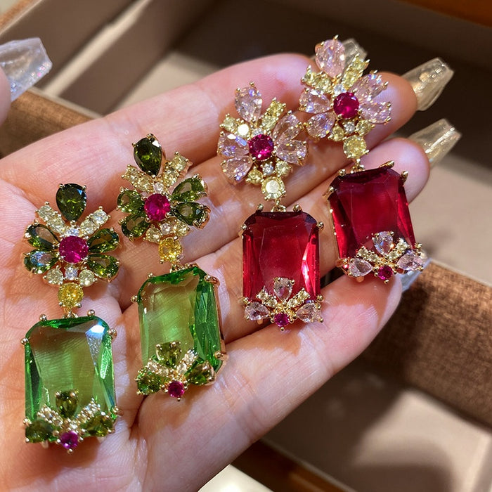 Copper Zircon Flower Square Stud Earrings For Women, Vintage Elegant Luxury Niche Style