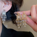 Gold Plated Copper Zircon Square Tassel Earrings And Ring Jewelry Set, Vintage Light Luxury Style view 2