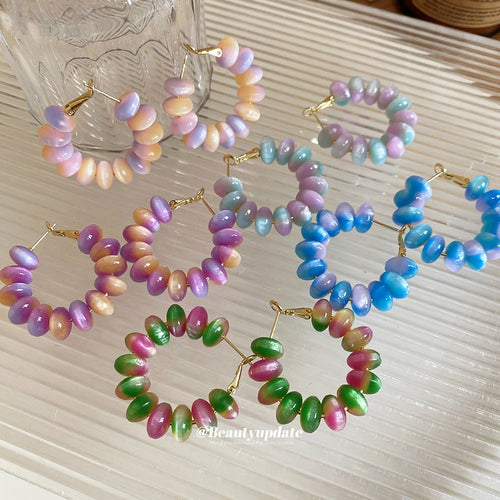 Trendy Resin Cat Eye Bead Geometric Hoop Earrings With Silver Needle, Elegant OL Circle Drop Earrings