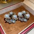 Vintage Floral Faux Pearl Stud Earrings With Rhinestone Accents For Women view 2
