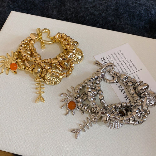 Vintage Metal Beaded Multilayer Bracelet With Geometric Sun Charm Light Luxury Jewelry