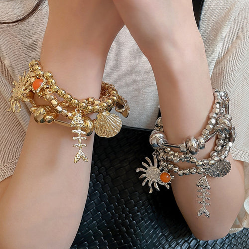 Vintage Metal Beaded Multilayer Bracelet With Geometric Sun Charm Light Luxury Jewelry
