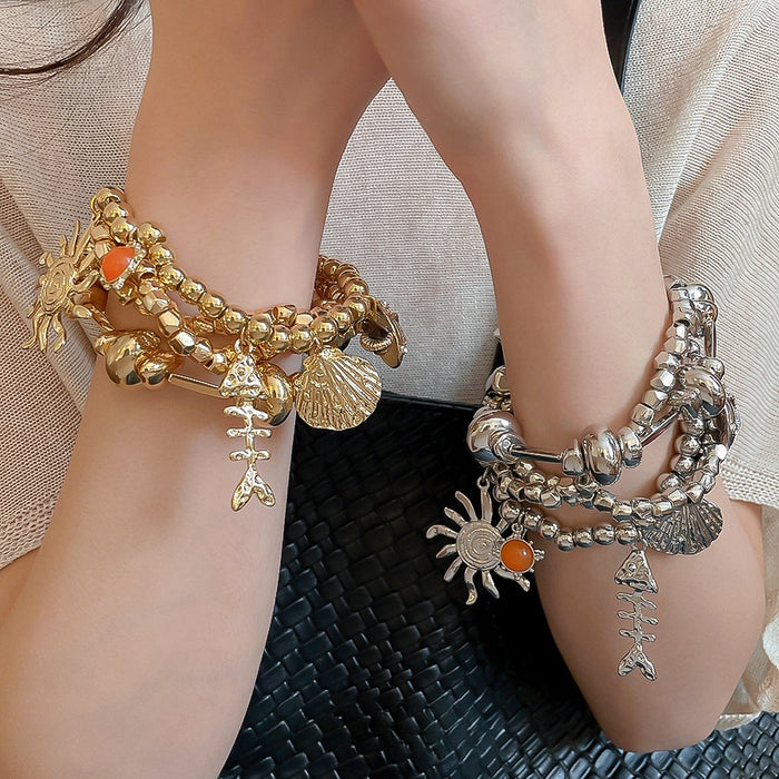 Vintage Metal Beaded Multilayer Bracelet With Geometric Sun Charm Light Luxury Jewelry