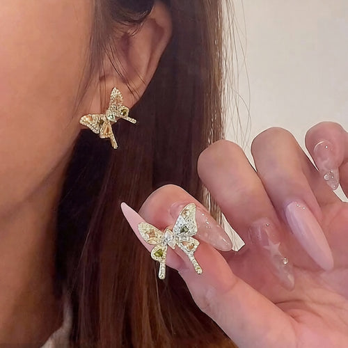 Light Luxury Copper Zircon Butterfly Bow Stud Earrings Elegant Vintage Daily Jewelry