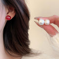 Faux Pearl Geometric Round Square Stud Earrings Jewelry Set, French Retro Modern Light Luxury view 4