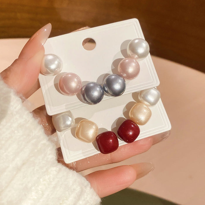 Faux Pearl Geometric Round Square Stud Earrings Jewelry Set, French Retro Modern Light Luxury