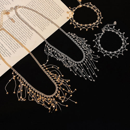 Copper Lace Tassel Necklace Bracelet Jewelry Set, Old Money Fashion Luxury Accessories