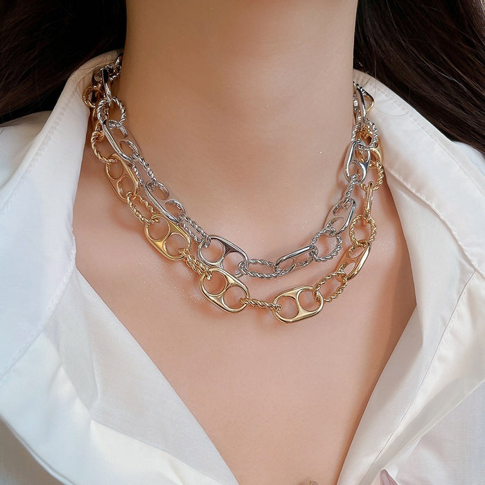 Sweet Cool Geometric Oval Metal Chain Spliced Sweater Necklace For Women