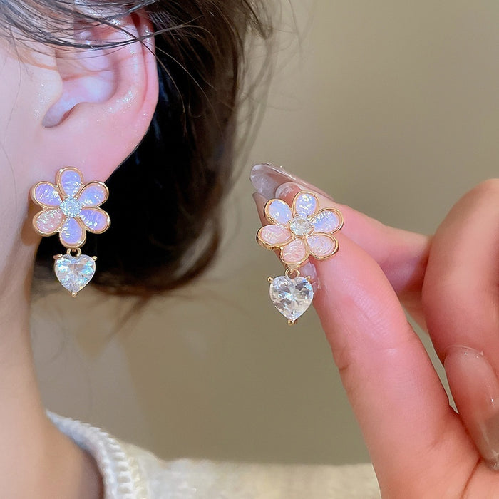 Copper Silver Needle Zircon Resin Flower Drop Earrings With Floral Pendant OL Fashion Jewelry