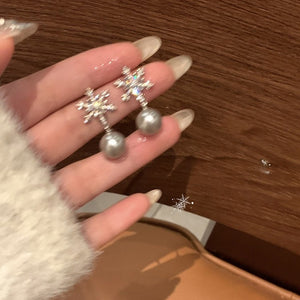 Vintage Snowflake Zircon Faux Pearl Stud Earrings, Geometric Floral Elegant Light Luxury Jewelry