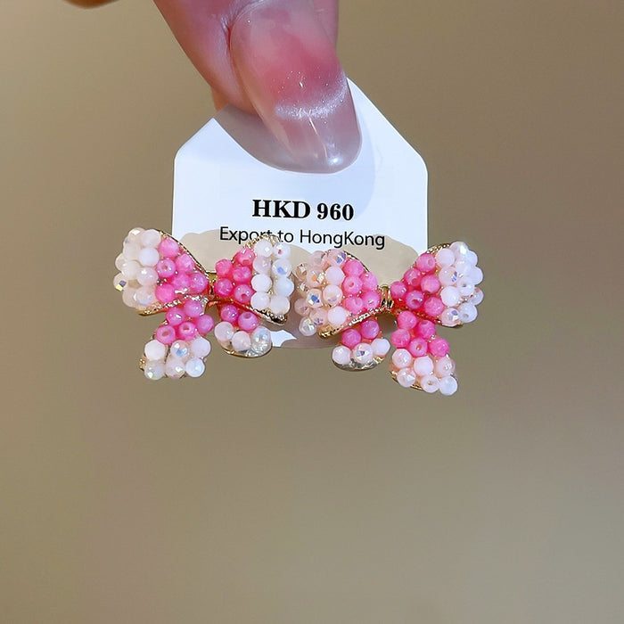 Light Luxury Butterfly Stud Earrings With Faux Crystal Beads And Silver Needle For Women