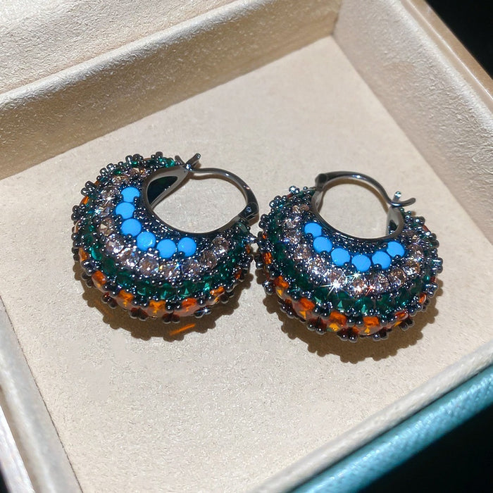 Vintage Ethnic Copper Zircon Round Pendant Drop Earrings For Women Geometric Fashion Jewelry