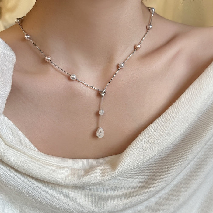 Cubic Zirconia Beaded Flower Teardrop Faux Pearl Necklace Elegant Light Luxury Clavicle Chain