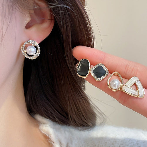Faux Pearl Teardrop Jewelry Set With Rhinestone Oil Drop Stud Earrings, French Vintage Style