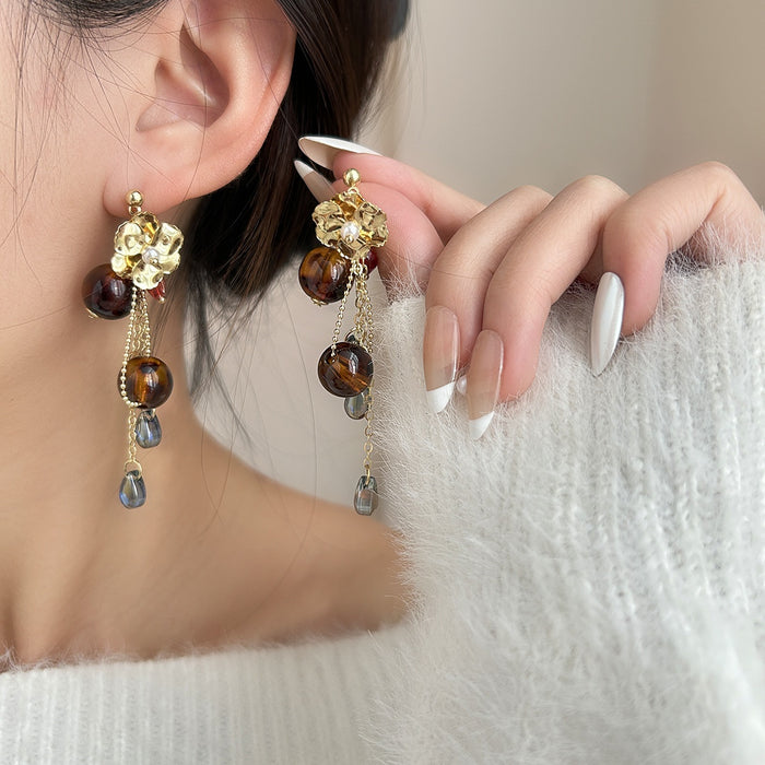 Vintage Gold Alloy Flower Tiger Eye Acrylic Bead Crystal Water Drop Tassel Elegant Women Earrings