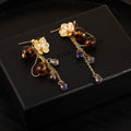 Vintage Gold Alloy Flower Tiger Eye Acrylic Bead Crystal Water Drop Tassel Elegant Women Earrings view 3