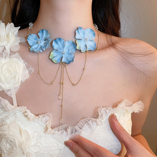 Old Money Fabric Flower Artificial Crystal Tassel Choker Necklace For Women