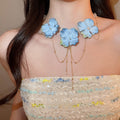 Old Money Fabric Flower Artificial Crystal Tassel Choker Necklace For Women view 3