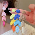 Raffia Leaf Tassel Drop Earrings With Silver Posts, Geometric Beach Vacation Style view 2