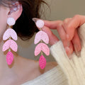 Raffia Leaf Tassel Drop Earrings With Silver Posts, Geometric Beach Vacation Style view 4