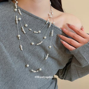 Old Money Faux Pearl Rhinestone Layered Sweater Necklace With Geometric Round Pendant