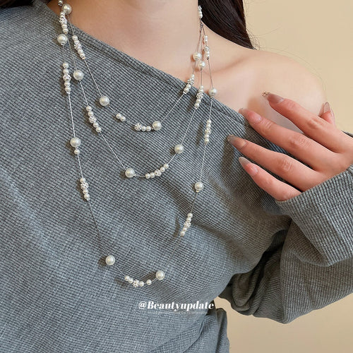 Old Money Faux Pearl Rhinestone Layered Sweater Necklace With Geometric Round Pendant