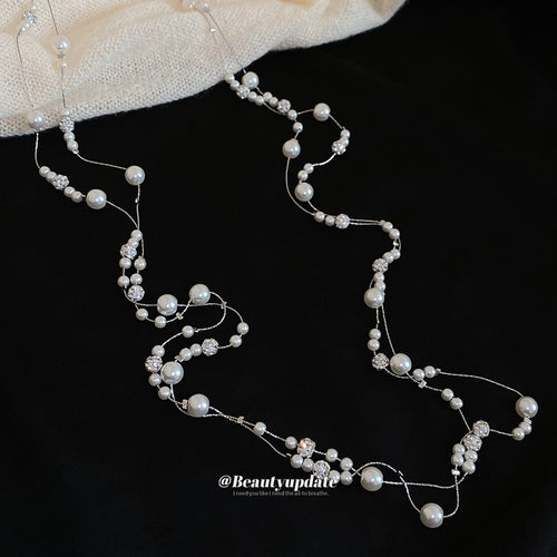 Old Money Faux Pearl Rhinestone Layered Sweater Necklace With Geometric Round Pendant
