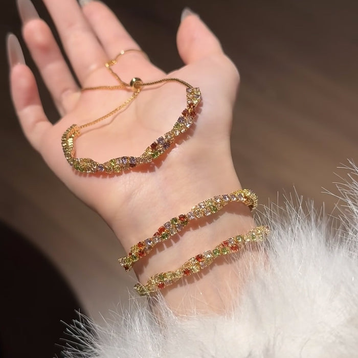 Colorful Zircon Inlaid Adjustable Copper Bangle For Women Geometric Round Light Luxury Jewelry