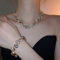 French Vintage Faux Pearl Rhinestone Lace Necklace Bracelet Earrings Jewelry Set For Women view 3