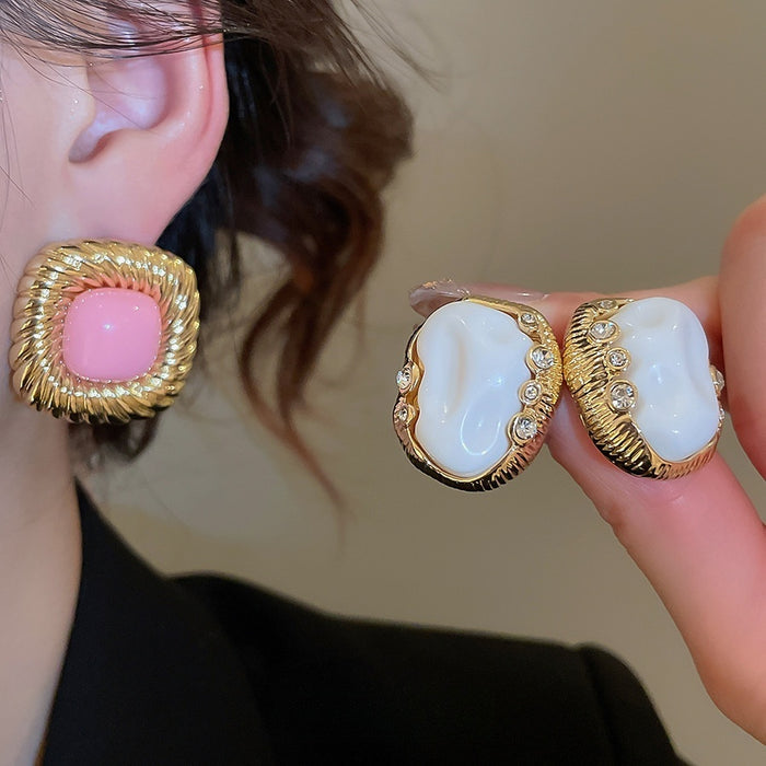 Vintage Alloy Stone Twisted Crinkled Square Stud Earrings, Geometric Light Luxury Style