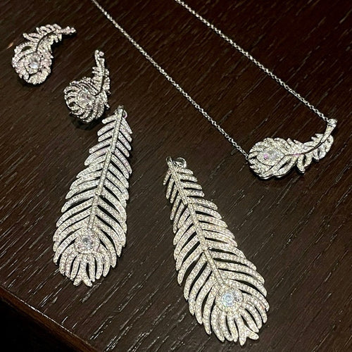 Metal Zircon Feather Jewelry Set With Earrings Necklace Ring For Minimalist OL Style