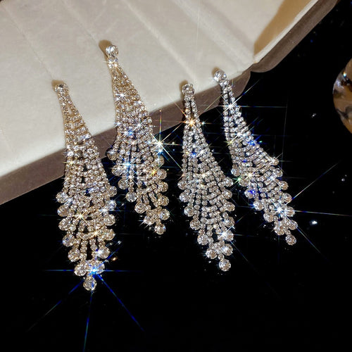 European Palace Style Copper Rhinestone Geometric Tassel Drop Earrings With Silver Pins