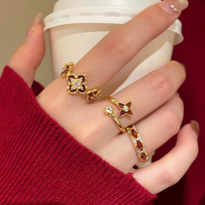 Gold Plated Copper Red Enamel Diamond Open Ring Vintage Light Luxury Index Finger Jewelry