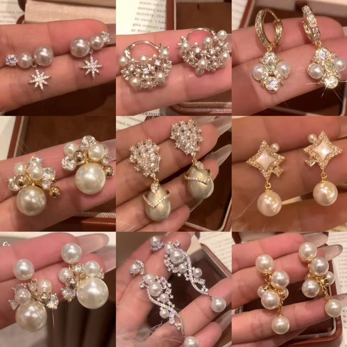 Silver Needle Zircon Geometric Star Faux Pearl Stud Earrings For Elegant Vintage Women