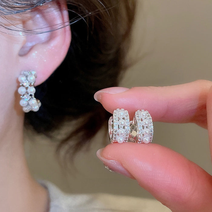 French Retro Light Luxury Double Layer C Shape Faux Pearl Zircon Stud Earrings For Women