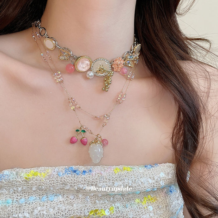 Artificial Crystal Beaded Strawberry Flower Enamel Necklace Maillard Style Light Luxury Choker